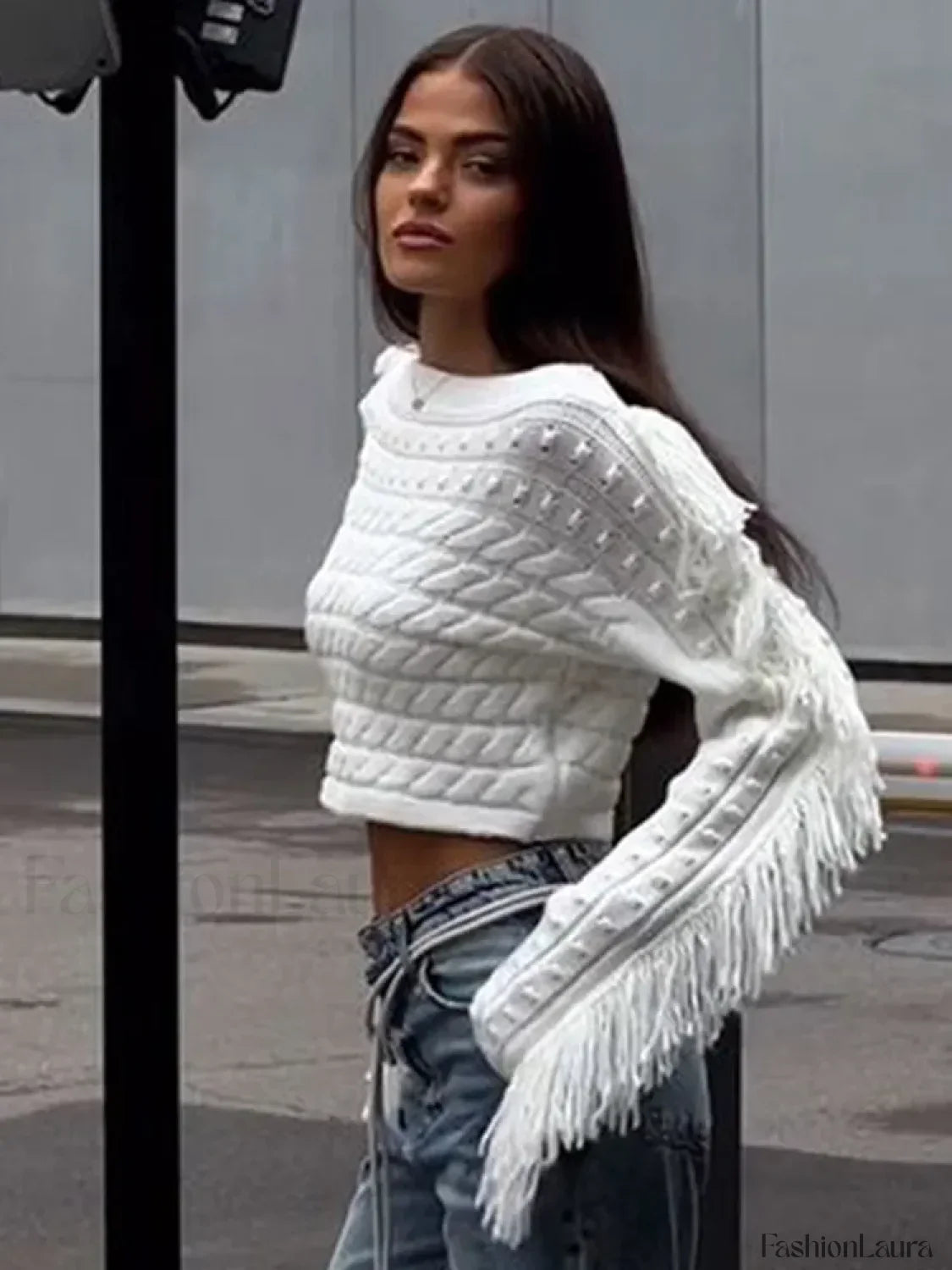 Women Vintage Solid Tassel Short Fashion Long Sleeve Knitted Pullover Sweater