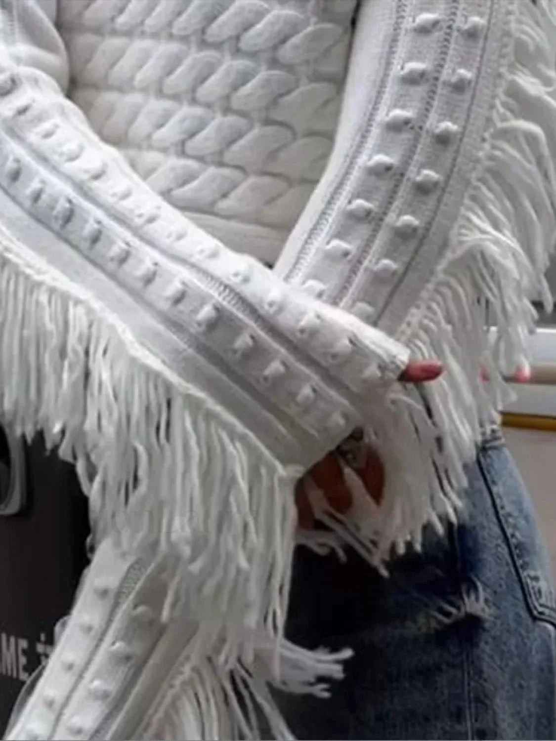 Women Vintage Solid Tassel Short Fashion Long Sleeve Knitted Pullover Sweater