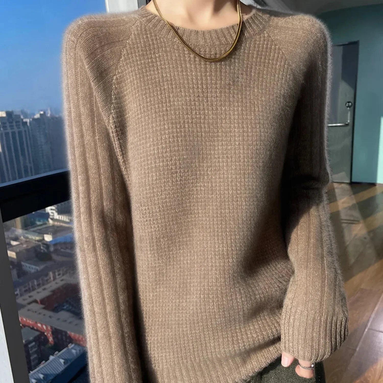 Women's Autumn Winter O-neck Long Sleeve Merino Wool Pullover Padded Cashmere Sweater