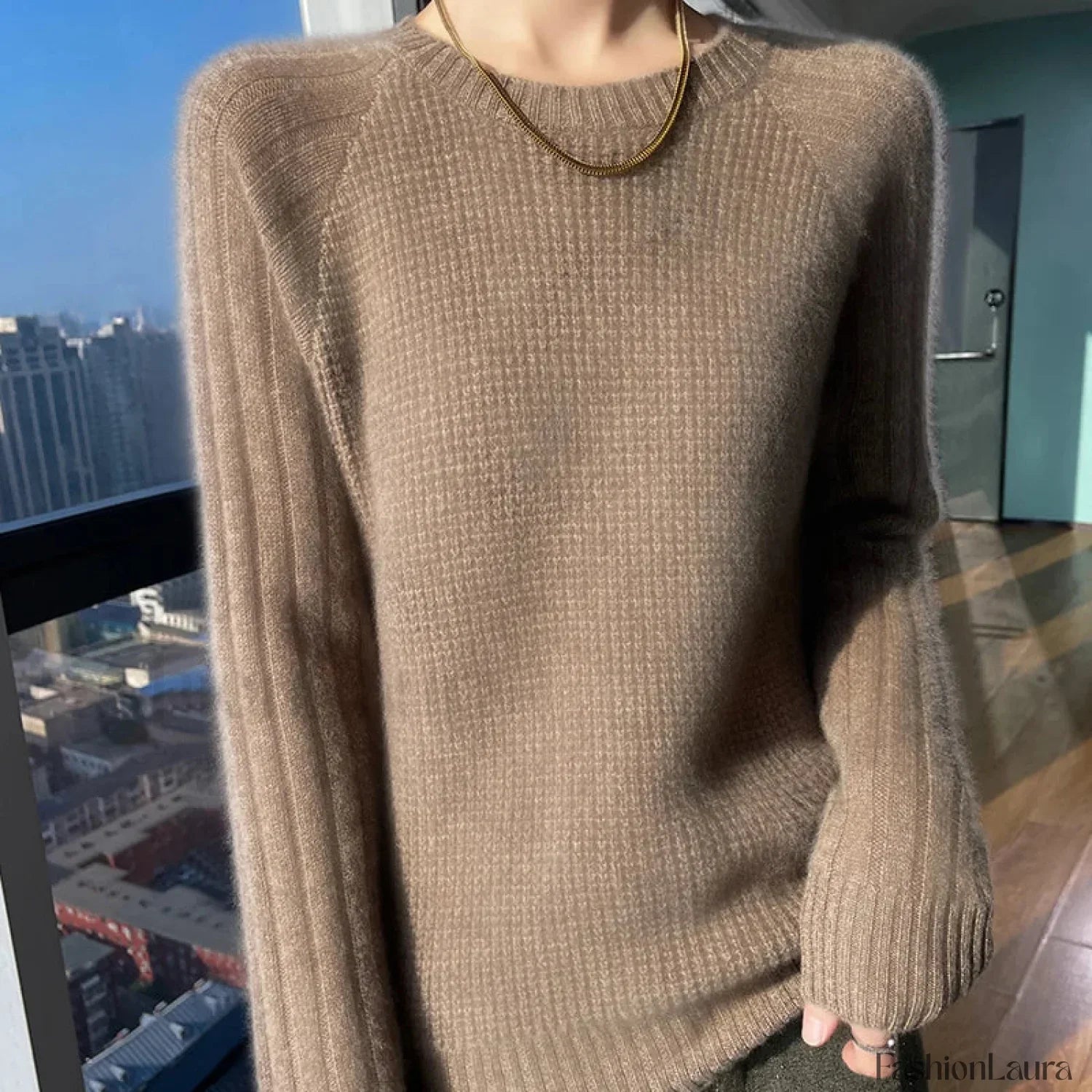 Women's Autumn Winter O-neck Long Sleeve Merino Wool Pullover Padded Cashmere Sweater