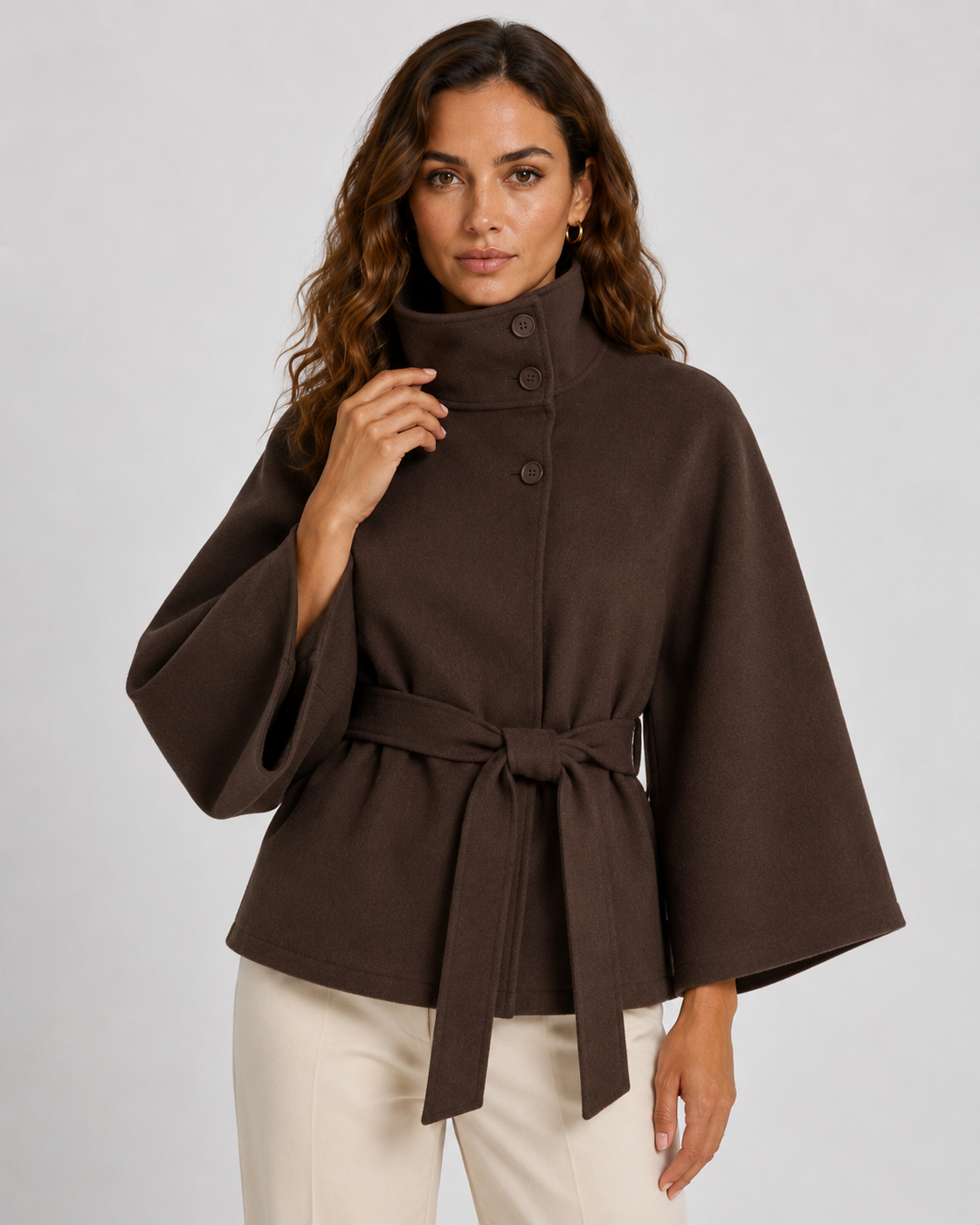 Belted Funnel Neck Wide Sleeve Cape Coat