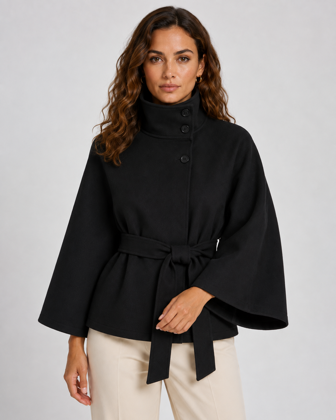 Belted Funnel Neck Wide Sleeve Cape Coat