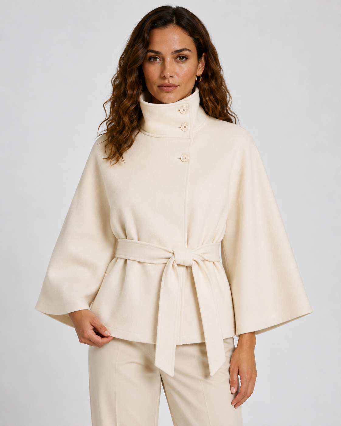 Belted Funnel Neck Wide Sleeve Cape Coat