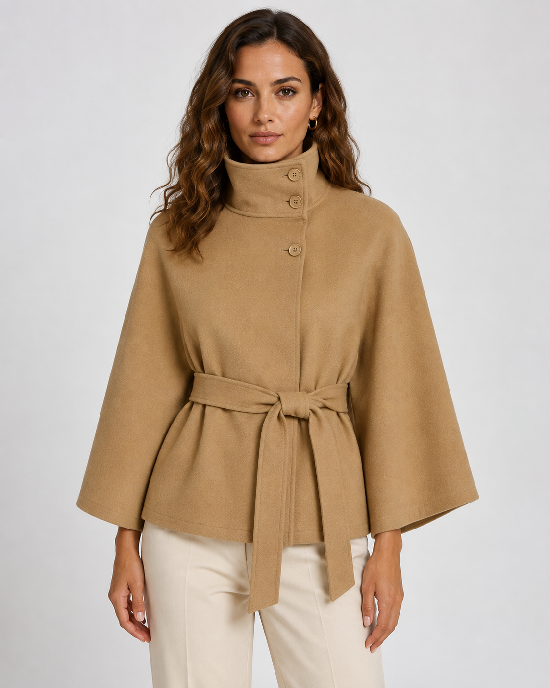 Belted Funnel Neck Wide Sleeve Cape Coat