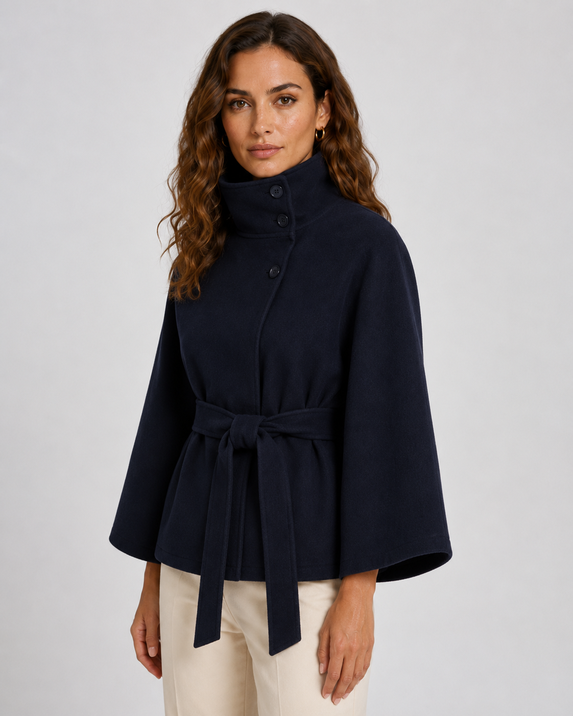 Belted Funnel Neck Wide Sleeve Cape Coat
