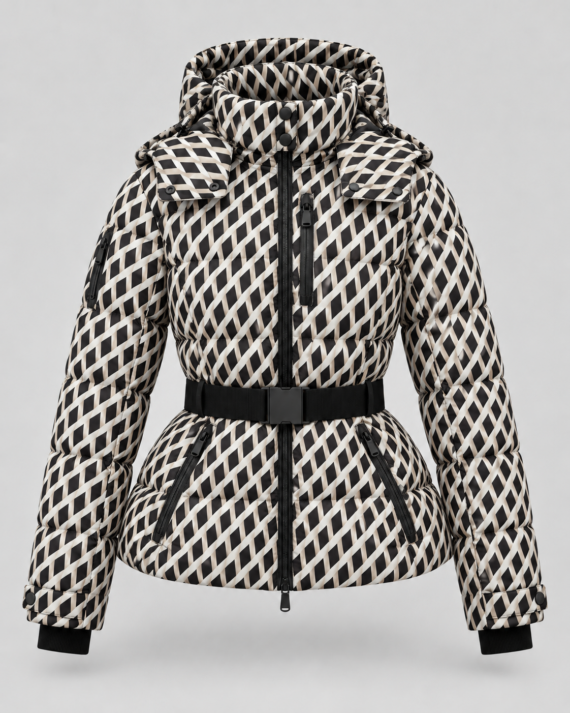 Women's Belted Puffer Jacket – Hooded High Collar Fitted Waist