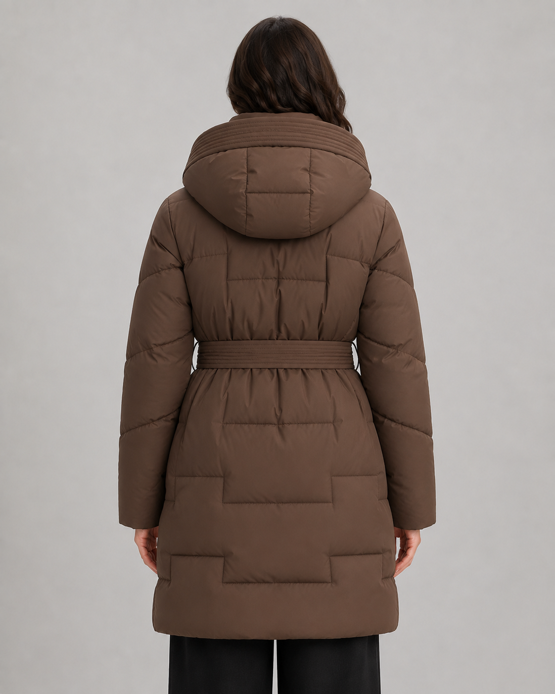 Hooded Belted Zip Front Longline Puffer Coat