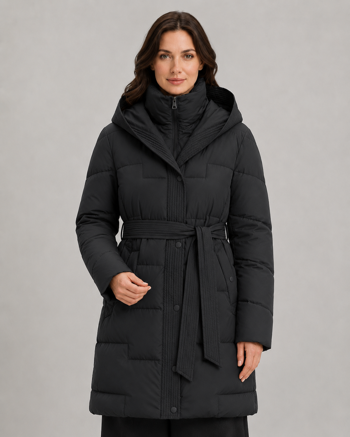 Hooded Belted Zip Front Longline Puffer Coat