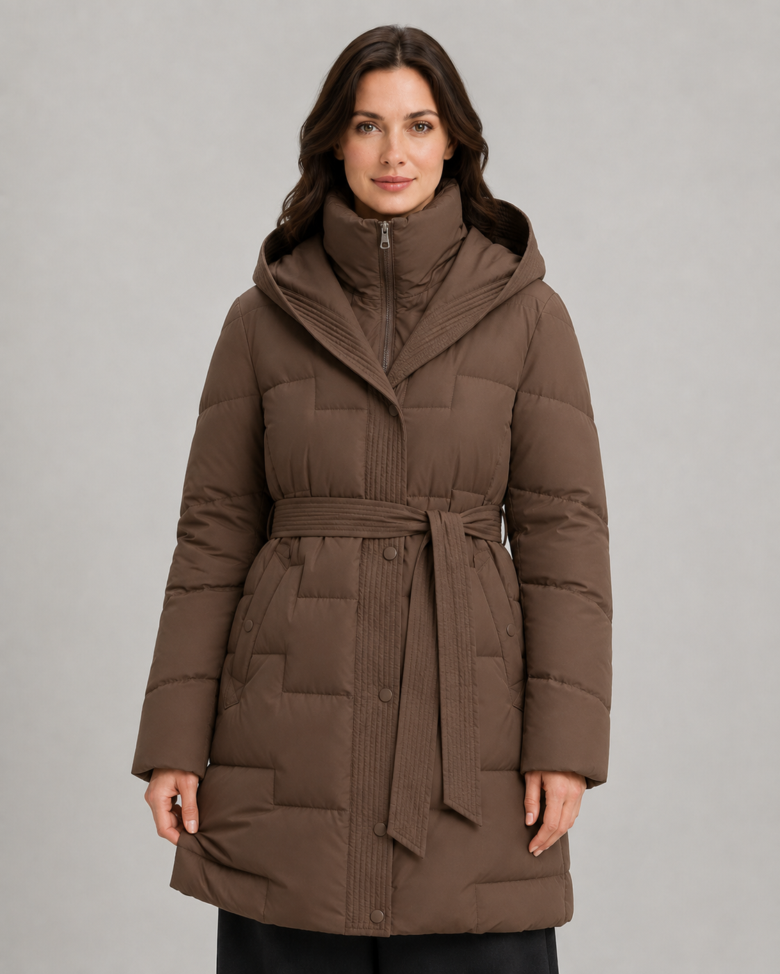 Hooded Belted Zip Front Longline Puffer Coat