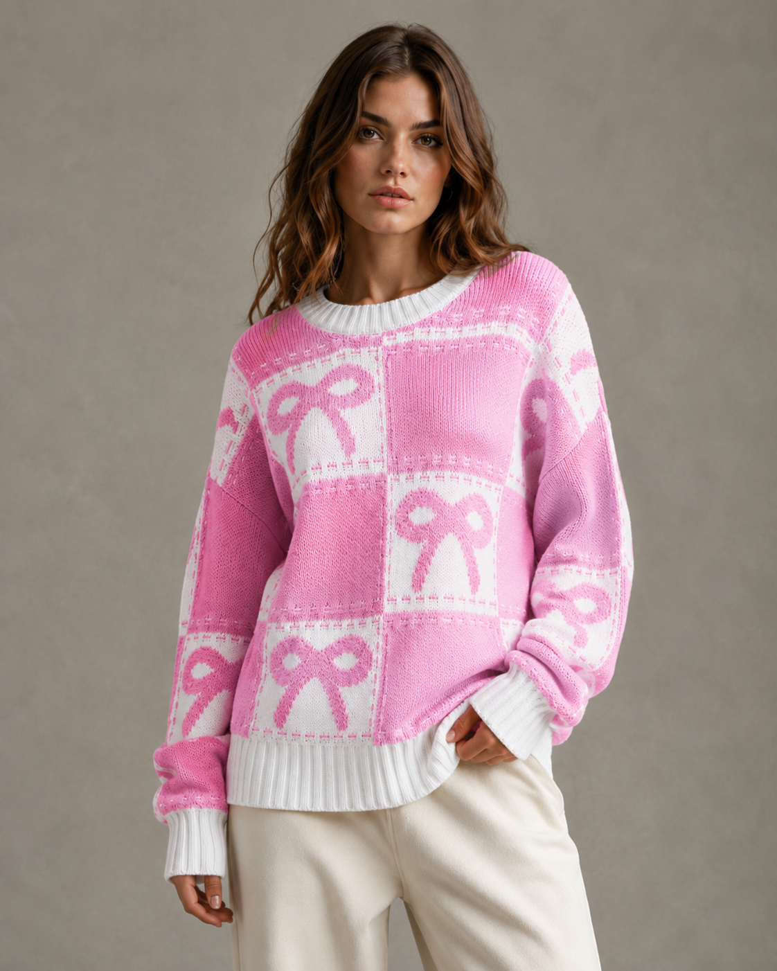 Women's Bow Knit Sweater - Checkerboard Streetwear