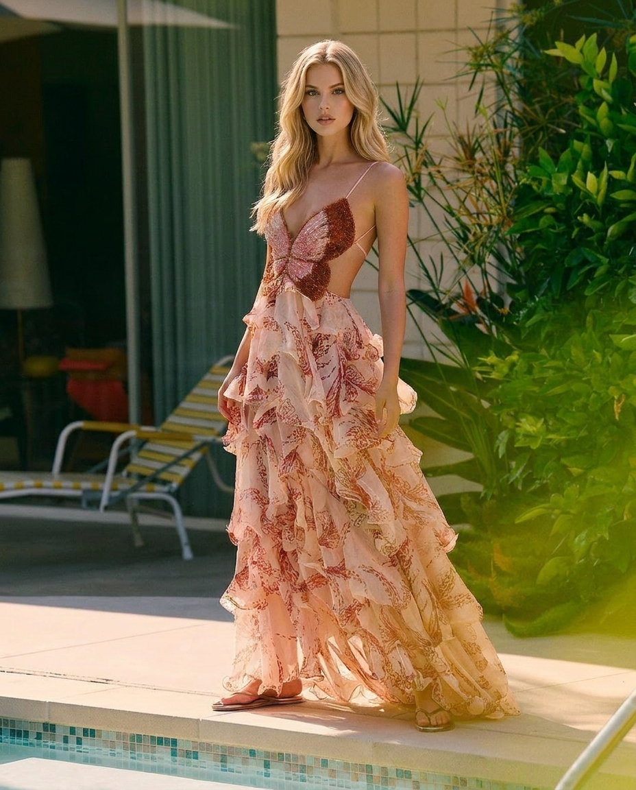 Butterfly Appliqué Tiered Ruffle Chiffon Maxi Dress 6