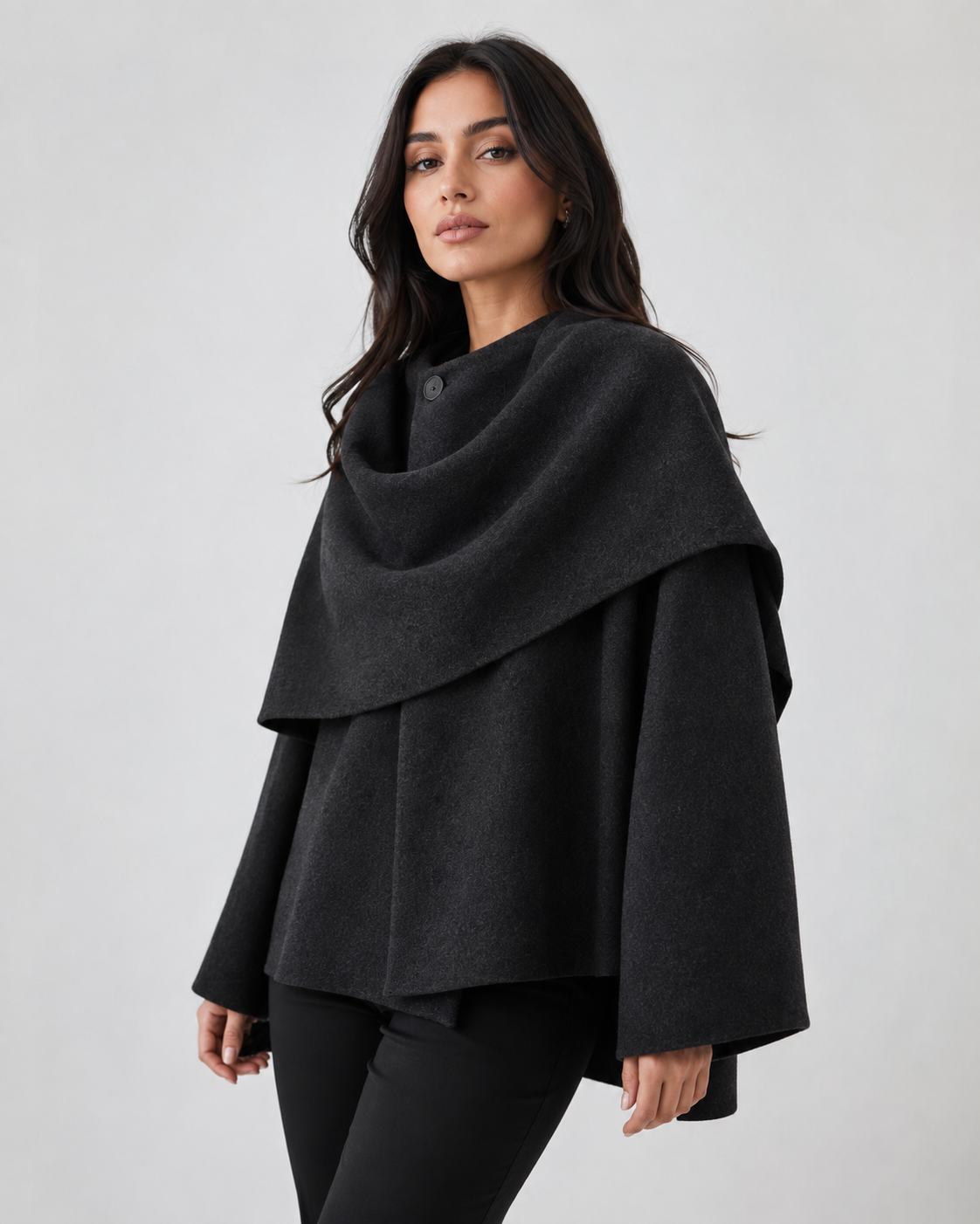 Draped Shawl Collar Boxy Cape Coat