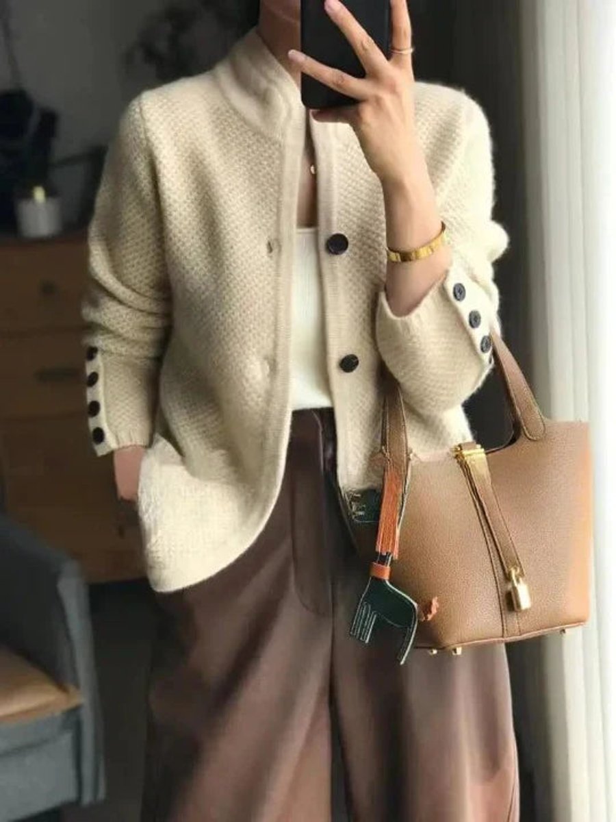 Mock Neck Button Front Textured Knit Cardigan