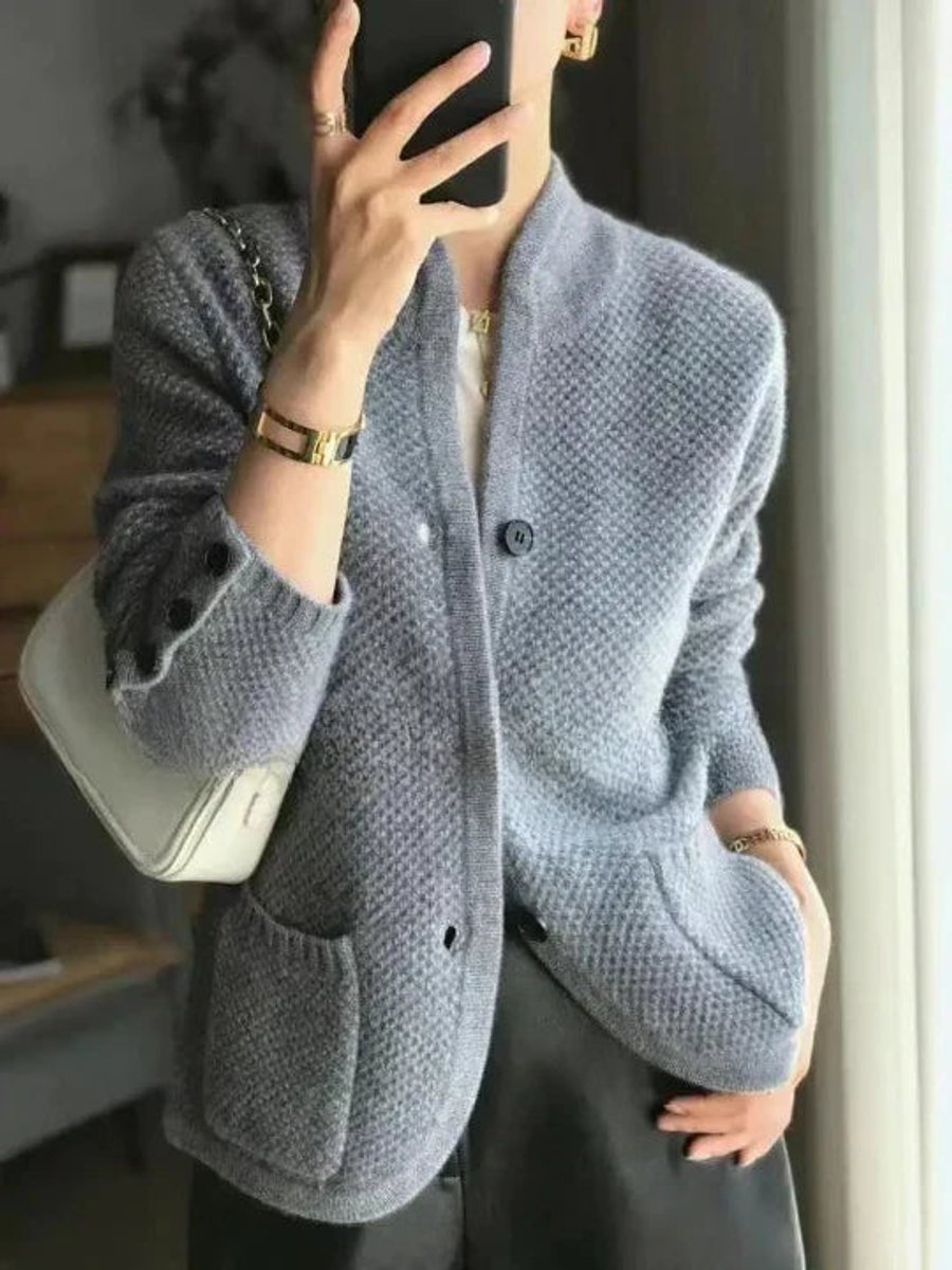 Mock Neck Button Front Textured Knit Cardigan