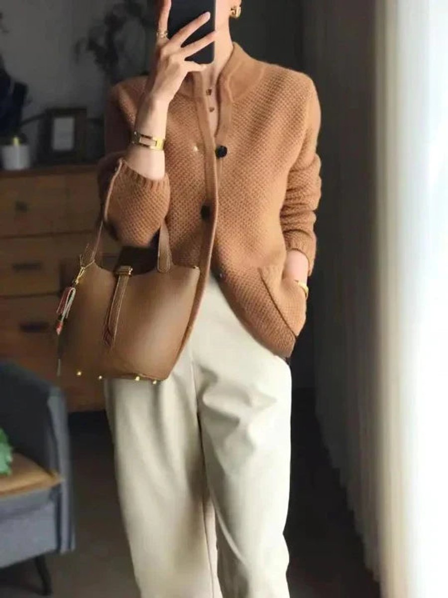 Mock Neck Button Front Textured Knit Cardigan