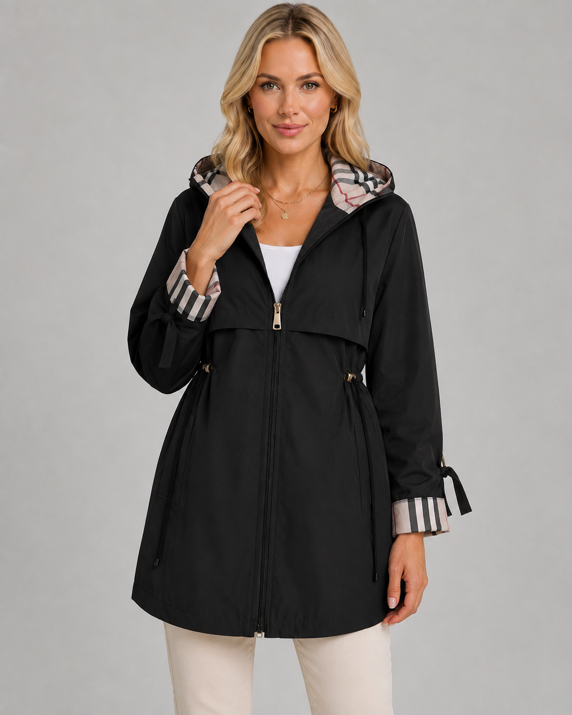 Hooded Check Lined Drawstring Waist Trench Coat