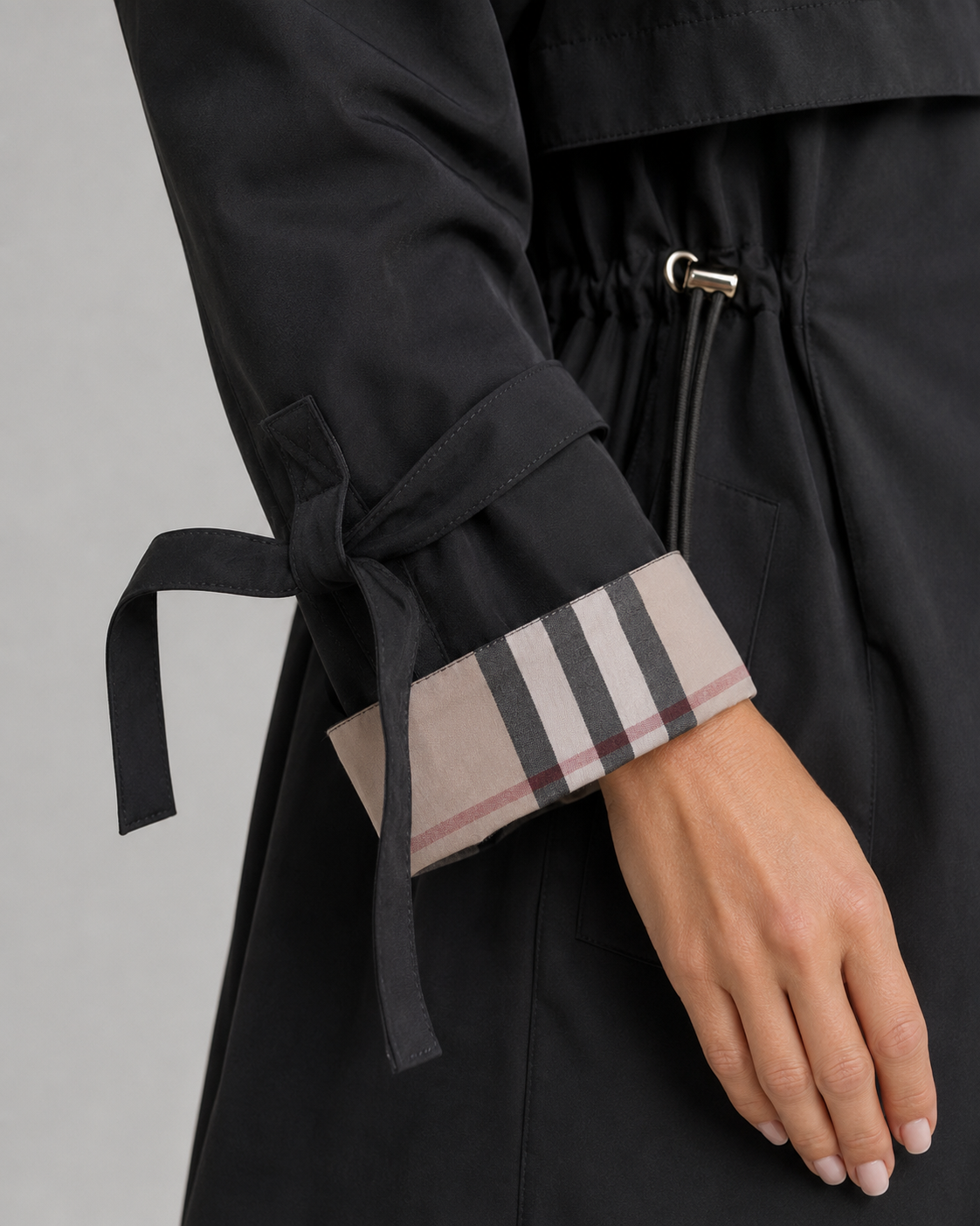 Hooded Check Lined Drawstring Waist Trench Coat