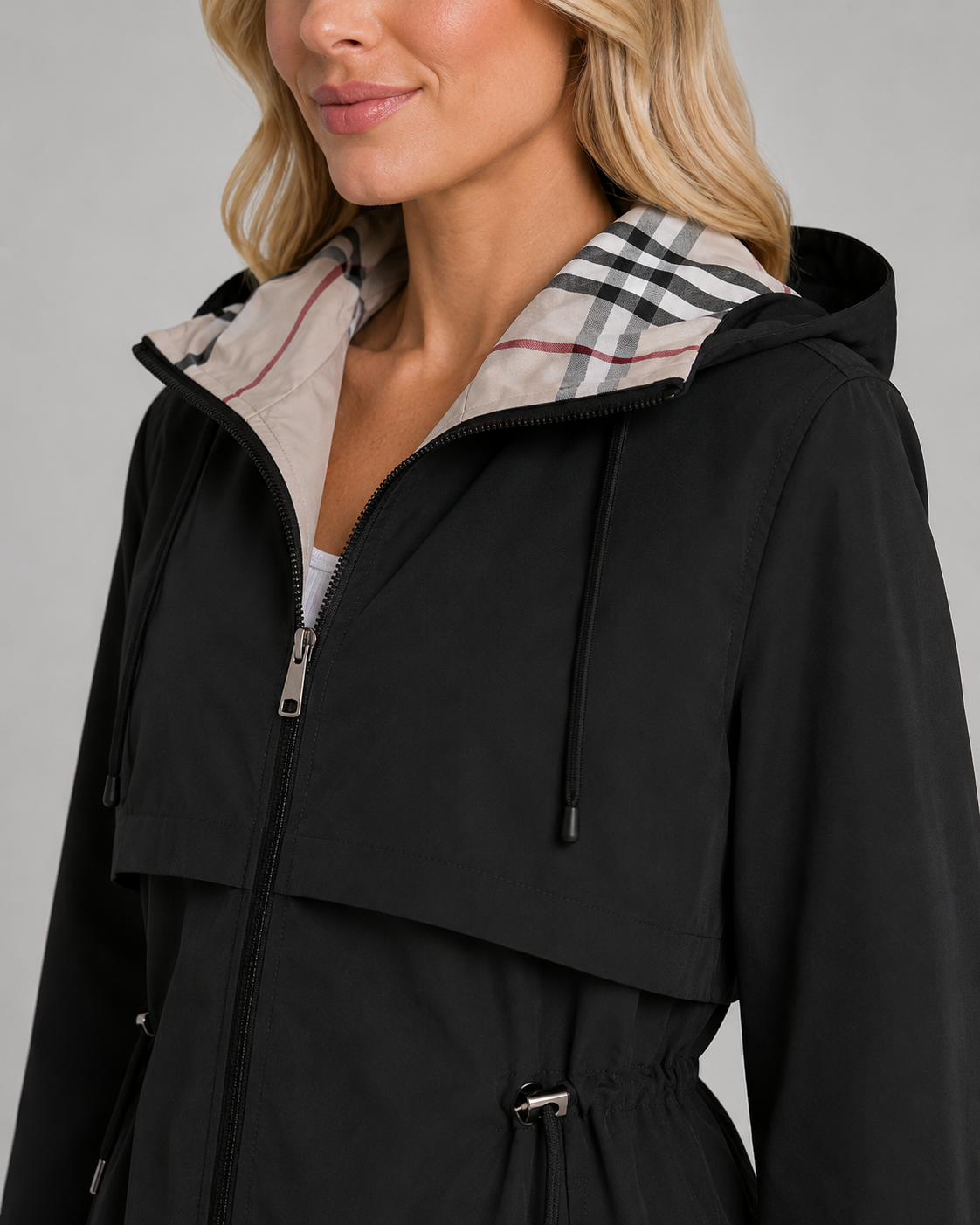 Hooded Check Lined Drawstring Waist Trench Coat