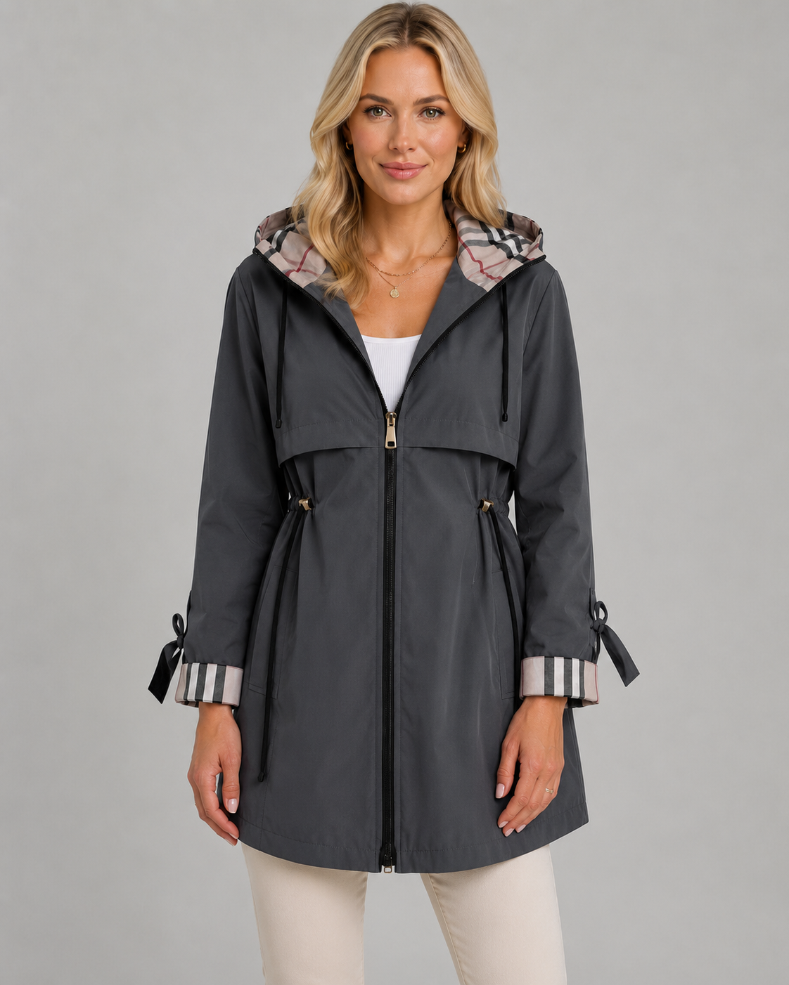 Hooded Check Lined Drawstring Waist Trench Coat