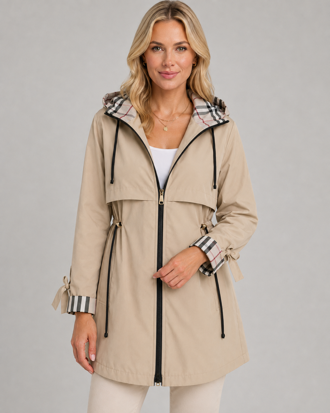 Hooded Check Lined Drawstring Waist Trench Coat