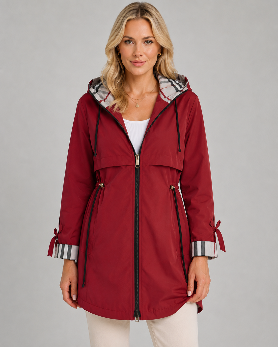 Hooded Check Lined Drawstring Waist Trench Coat