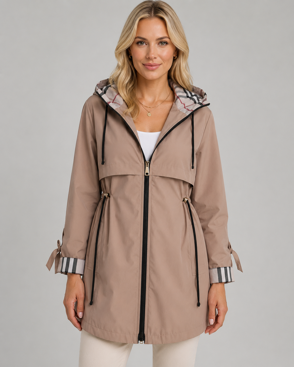 Hooded Check Lined Drawstring Waist Trench Coat