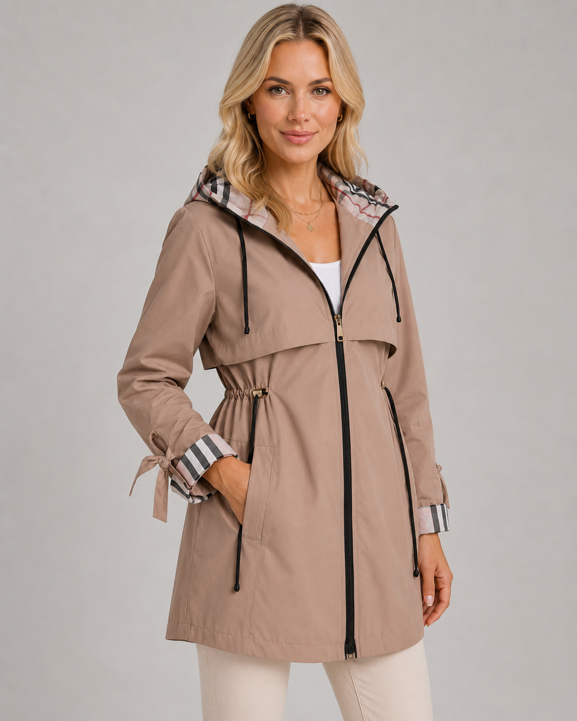 Hooded Check Lined Drawstring Waist Trench Coat