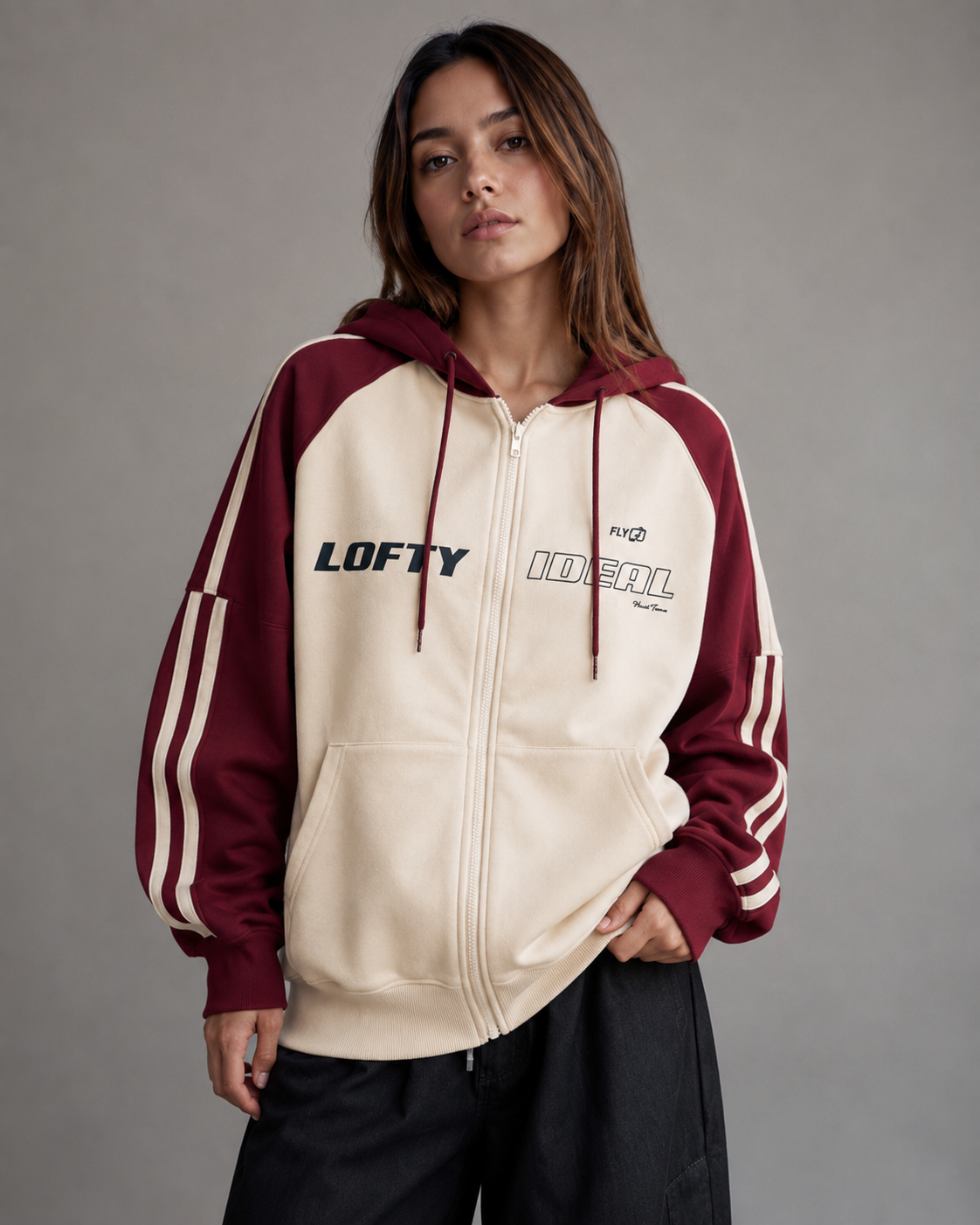 Color Block Striped Sleeve Oversized Zip Up Hoodie