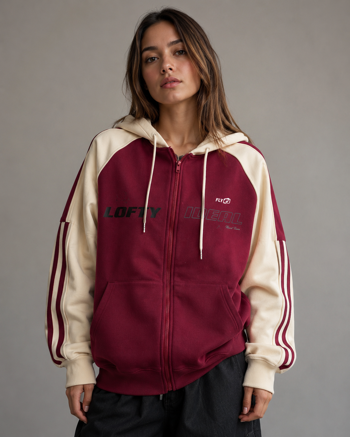 Color Block Striped Sleeve Oversized Zip Up Hoodie