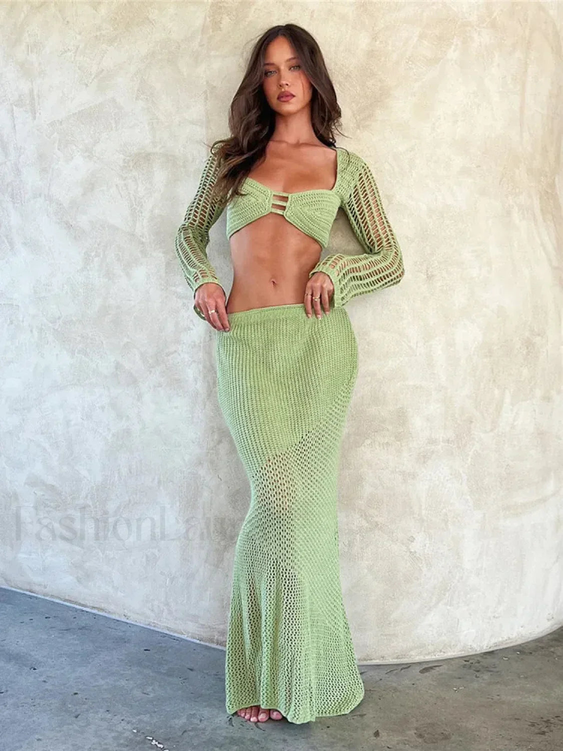 Women's Crochet Knit 2 Piece Skirt Set Hollow Out Crop Top Long Sleeve Backless Tie Up Club Bodycon Outfits Lace Dress