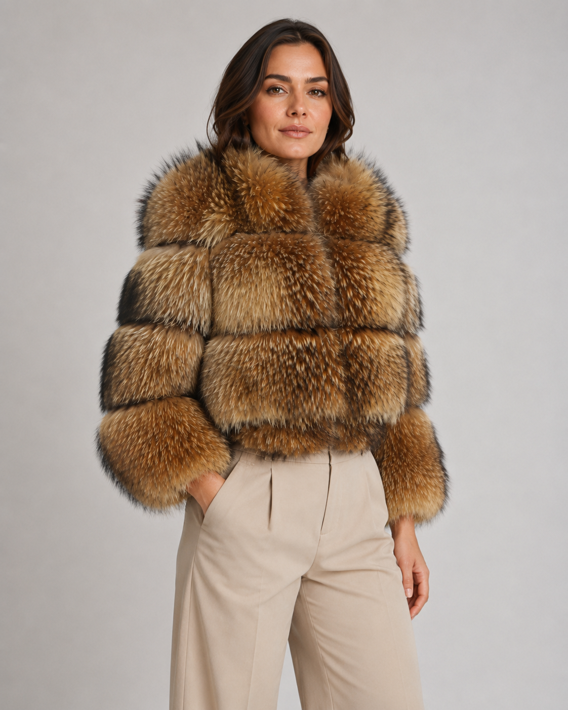 Cropped Faux Fur Stand Collar Jacket