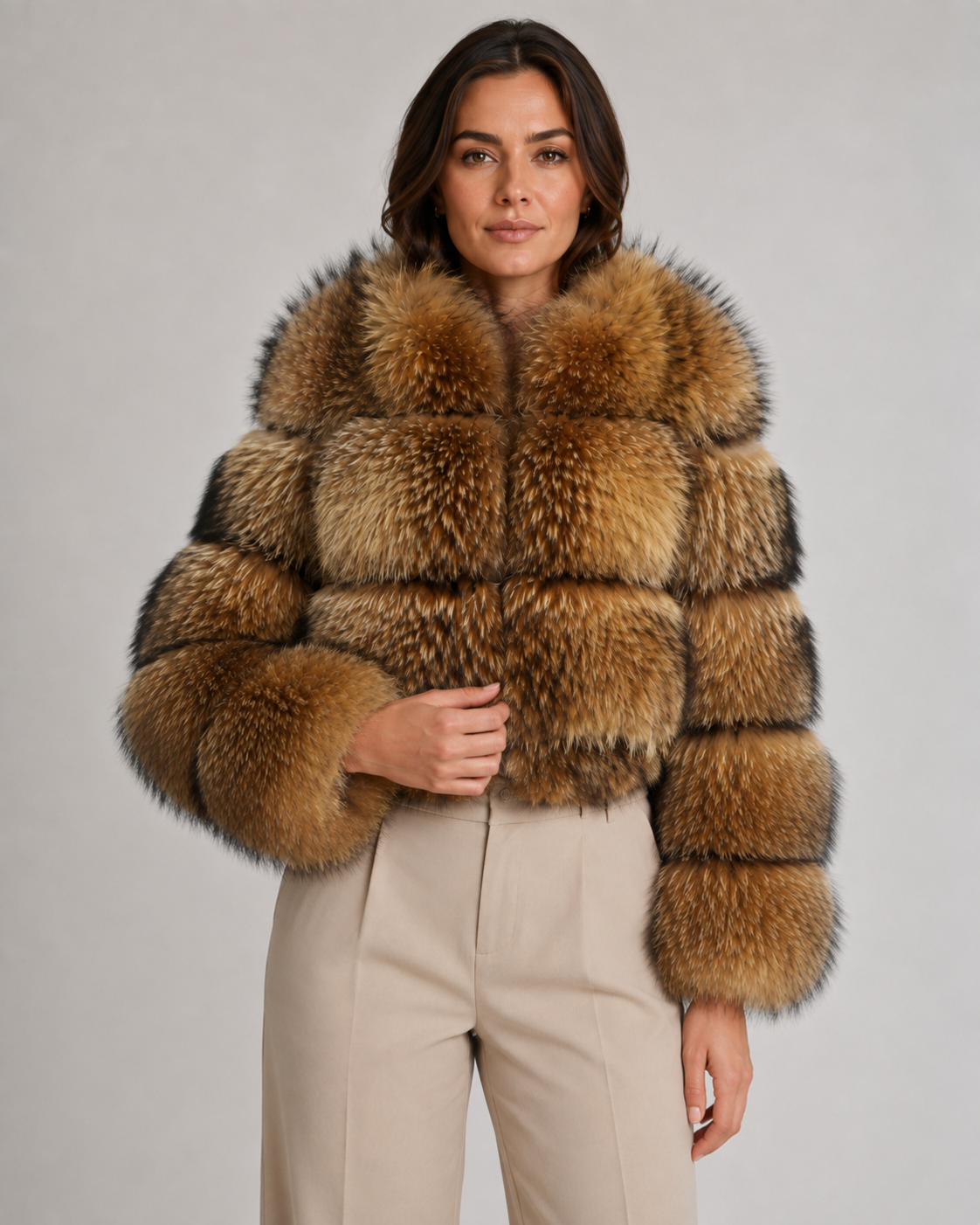 Cropped Faux Fur Stand Collar Jacket