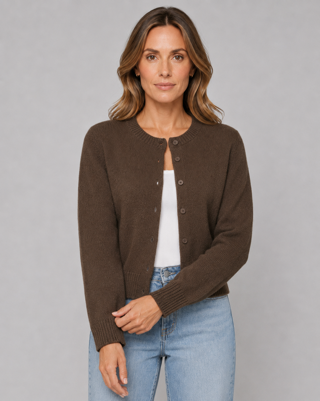 Crew Neck Button Front Cropped Cardigan
