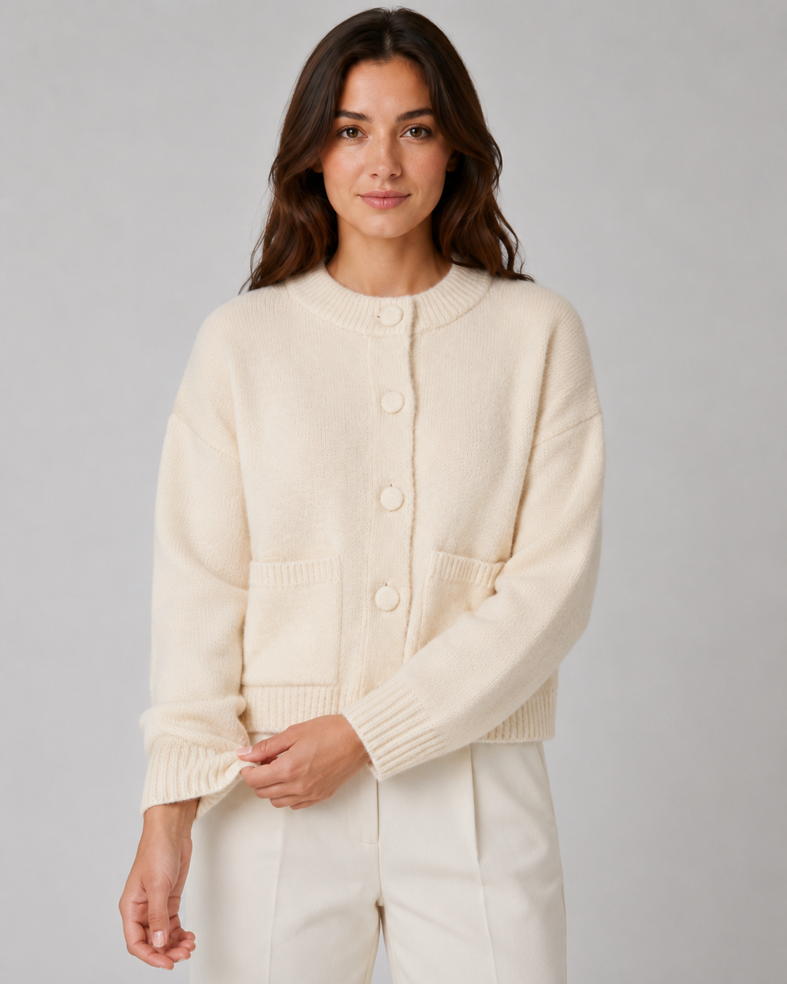 Women's Cropped Chunky Knit Cardigan with Patch Pockets