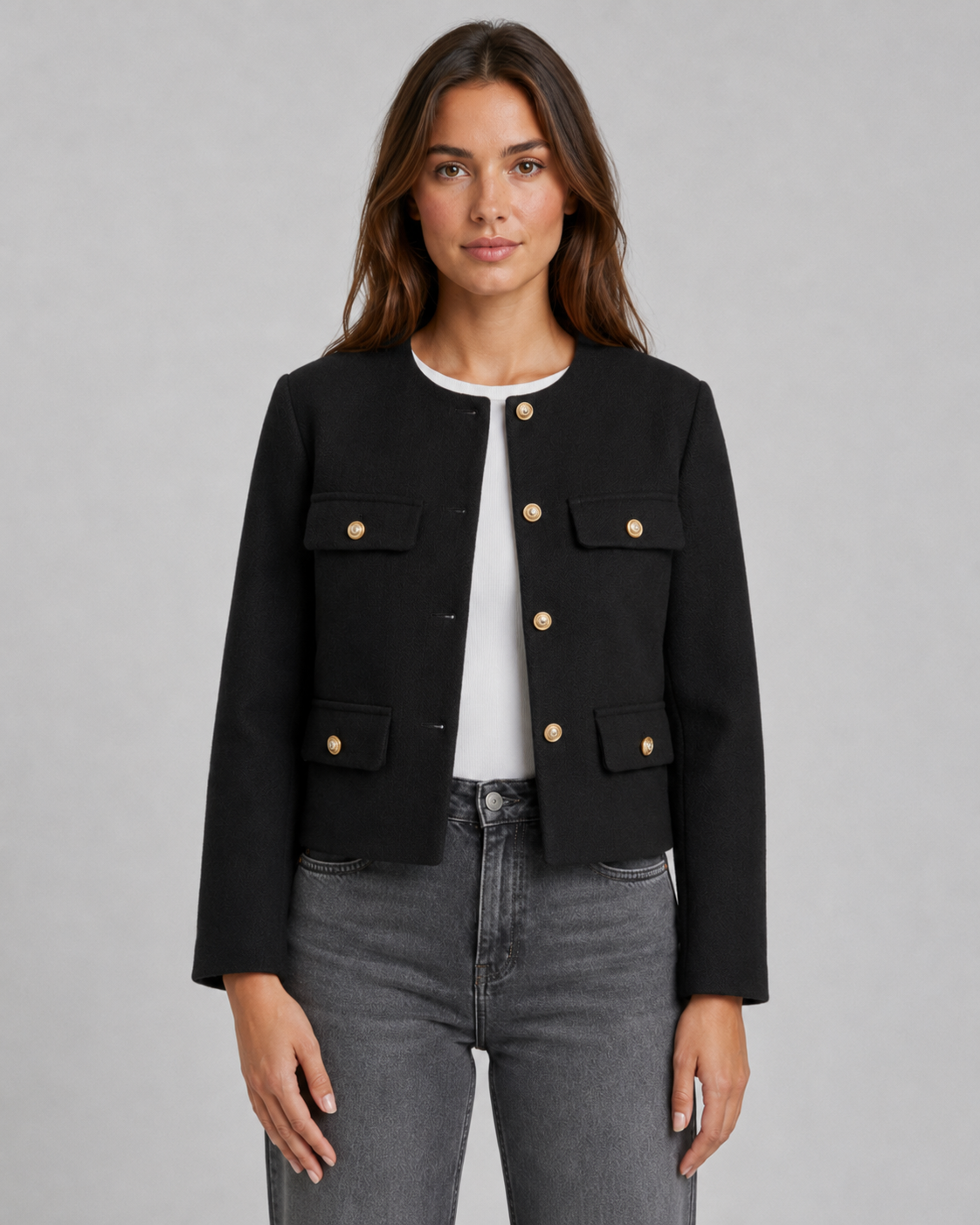 Women's Cropped Collarless Jacket with Gold Buttons