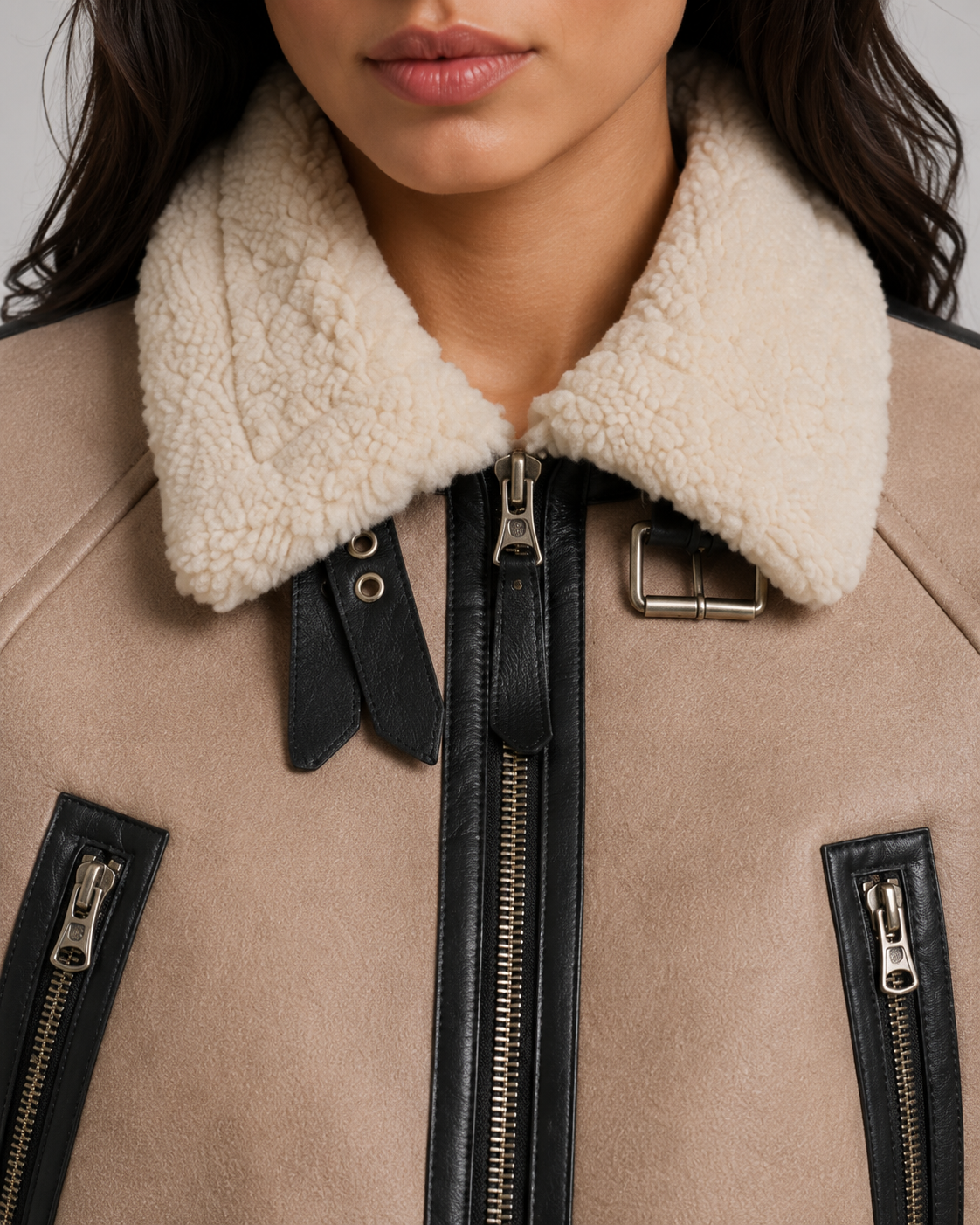 Cropped Faux Shearling Belted Aviator Jacket