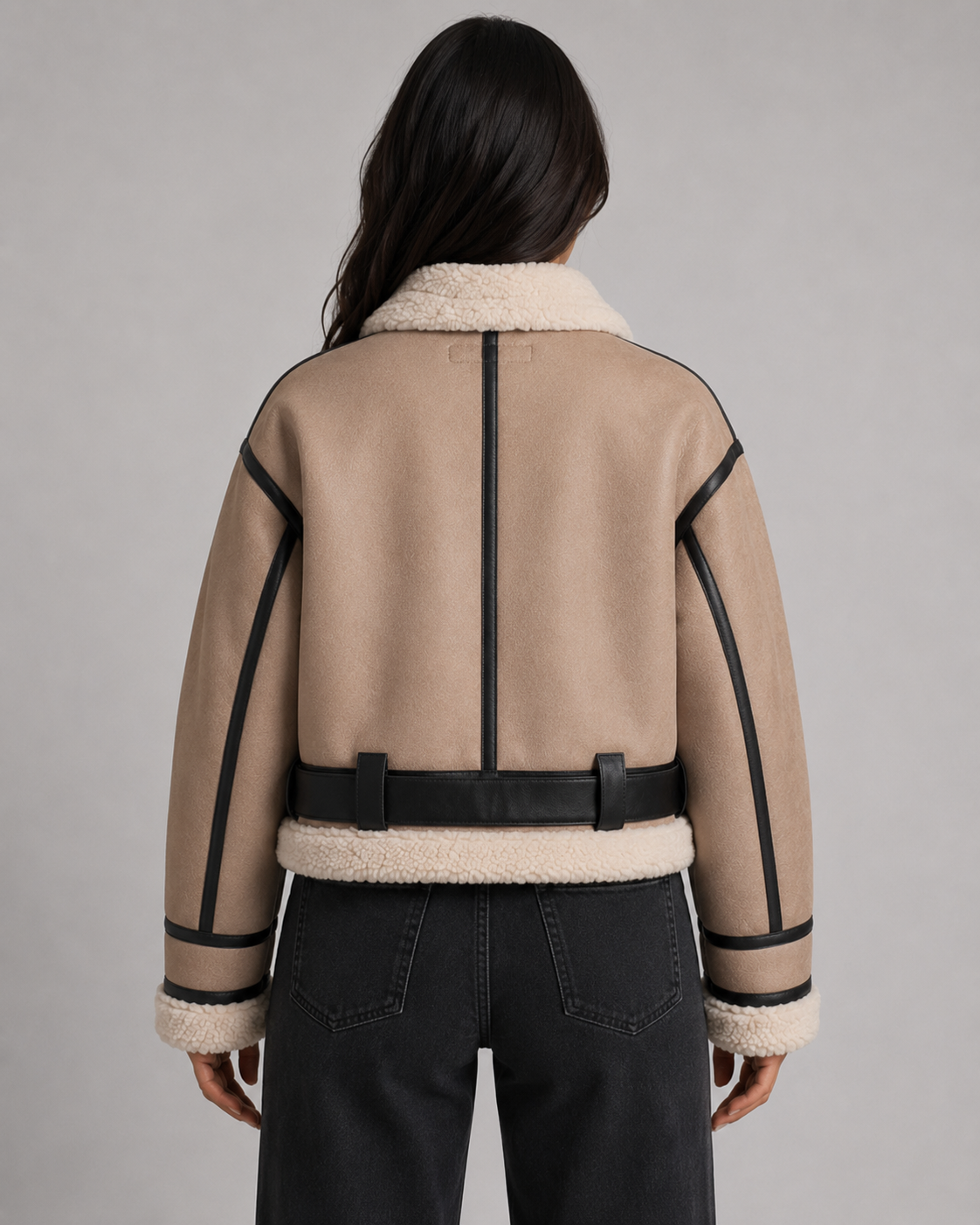 Cropped Faux Shearling Belted Aviator Jacket