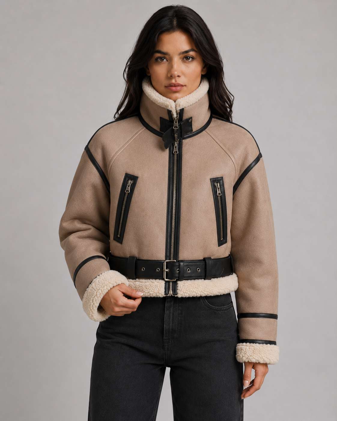 Cropped Faux Shearling Belted Aviator Jacket