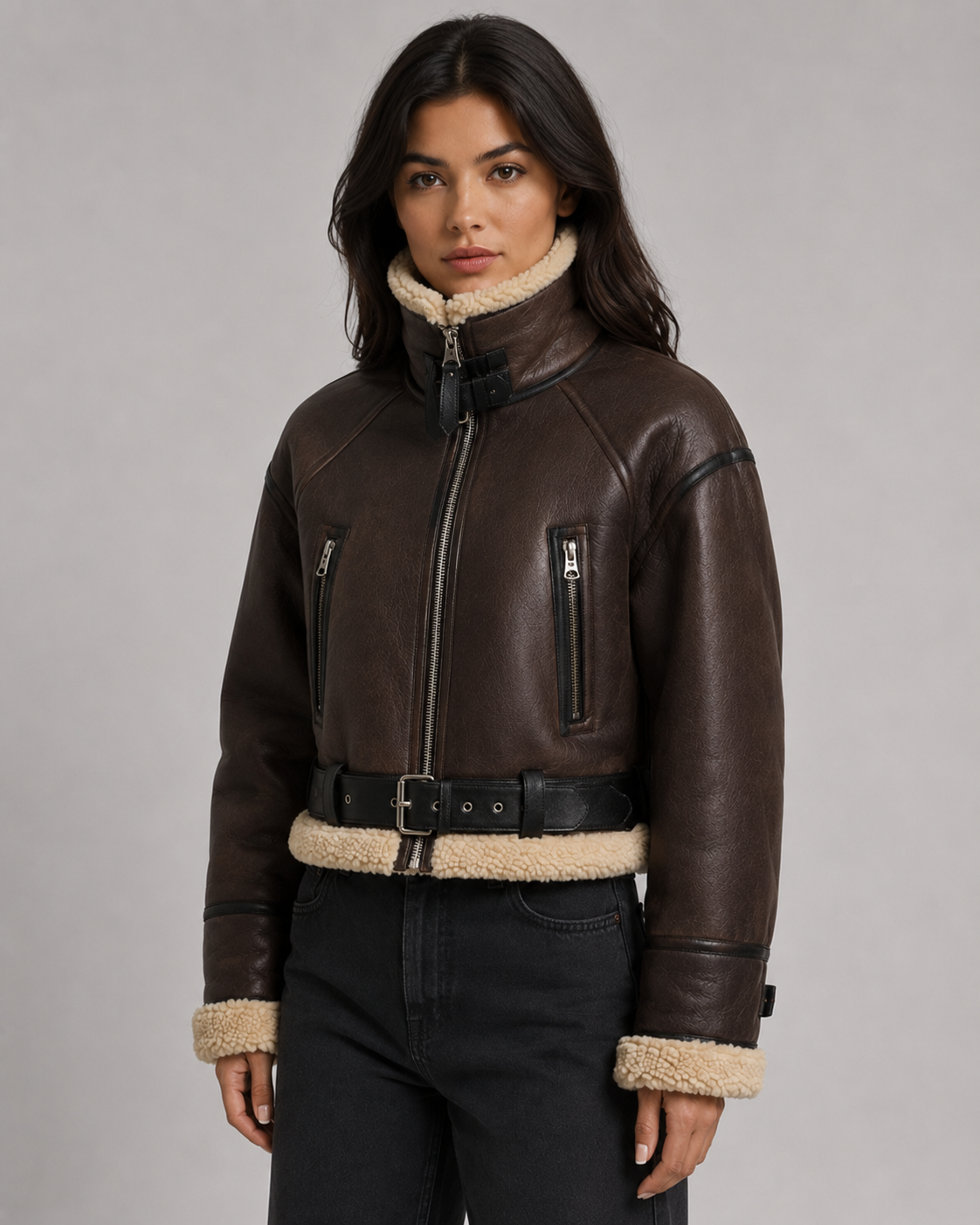 Cropped Faux Shearling Belted Aviator Jacket