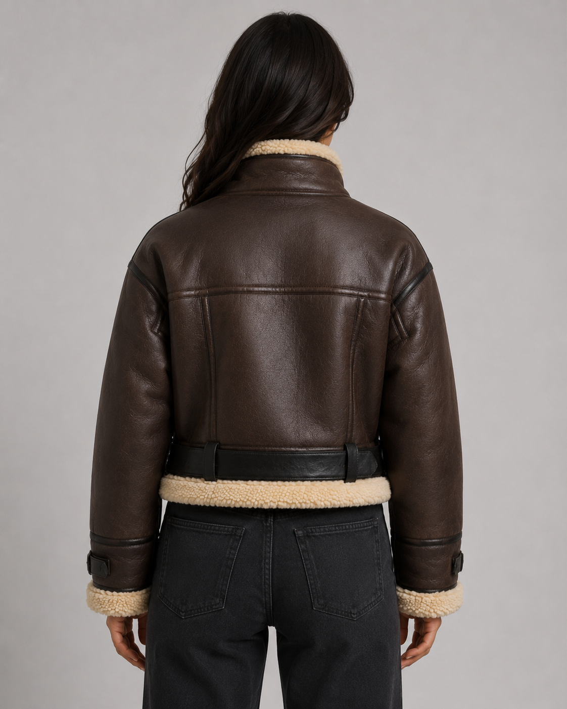 Cropped Faux Shearling Belted Aviator Jacket