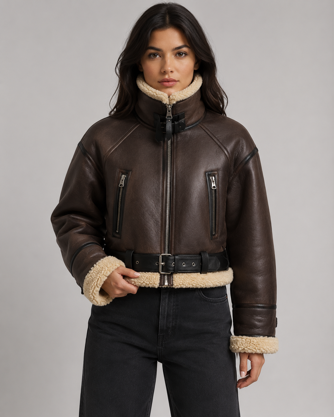 Cropped Faux Shearling Belted Aviator Jacket