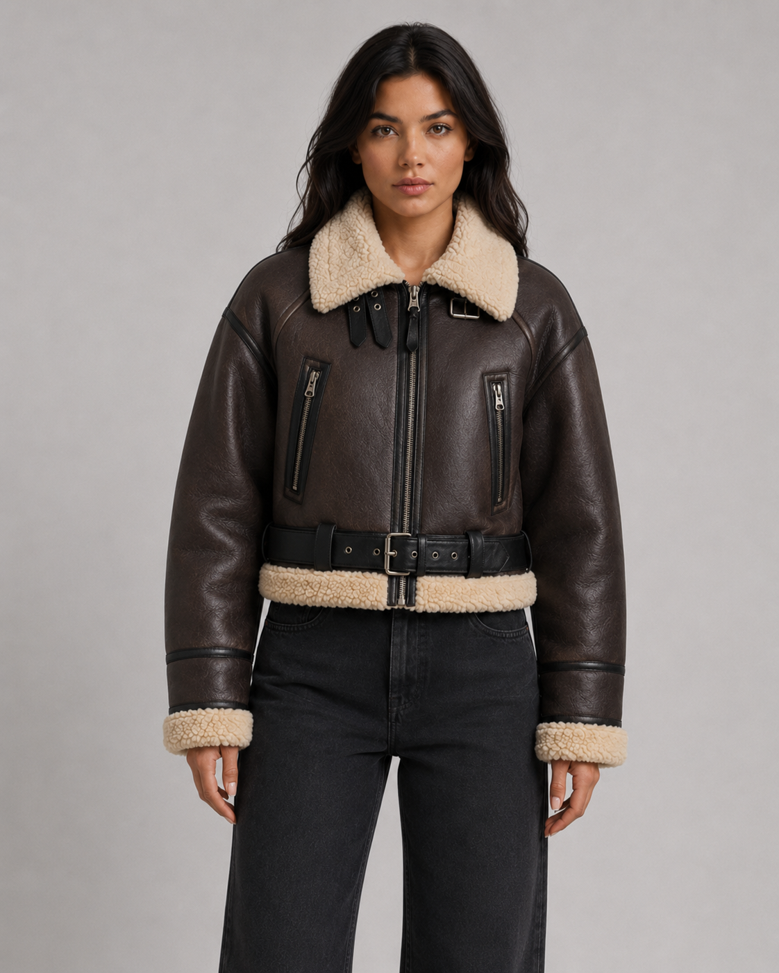 Cropped Faux Shearling Belted Aviator Jacket