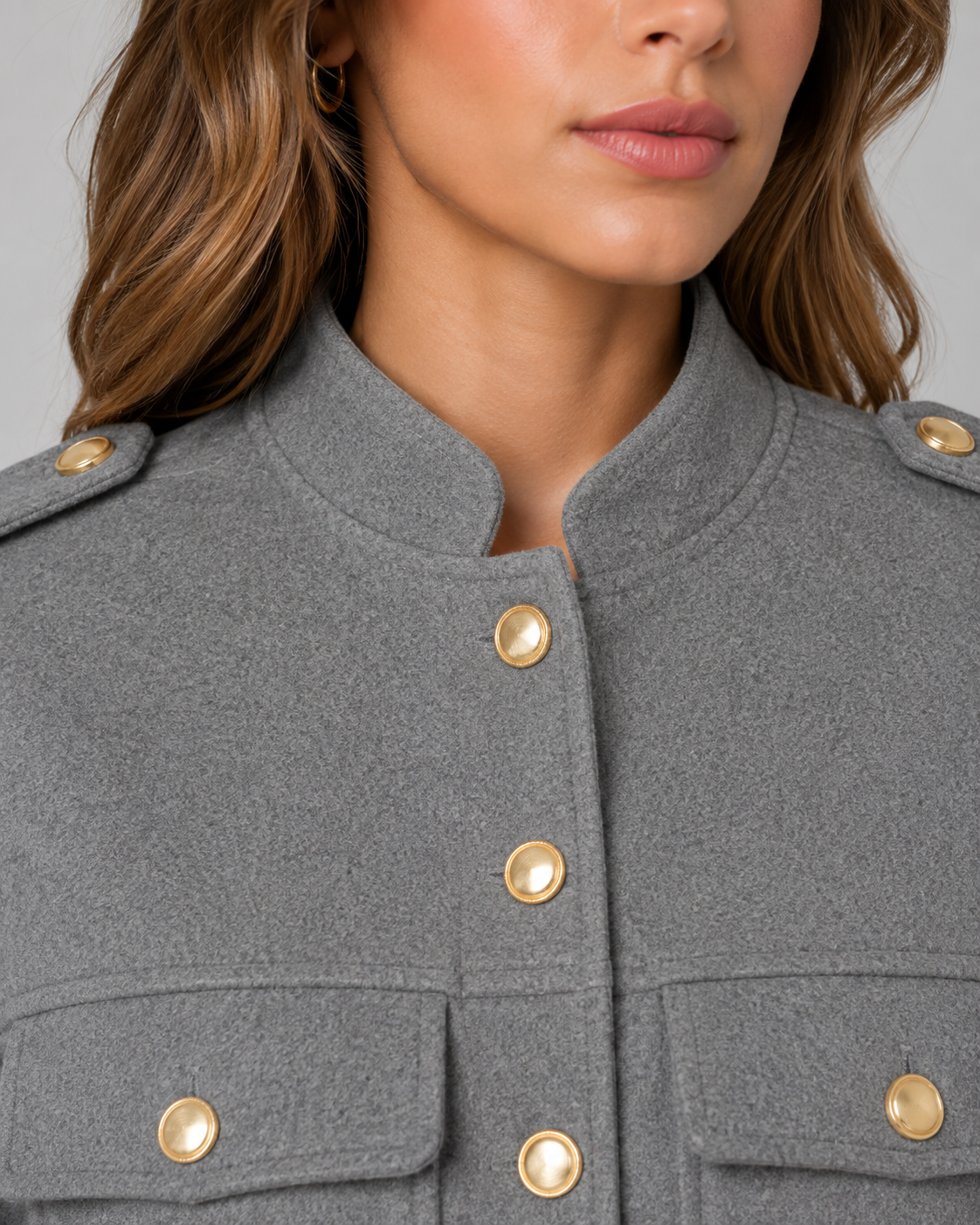 Women's Cropped Gold Button Jacket - Stand Collar
