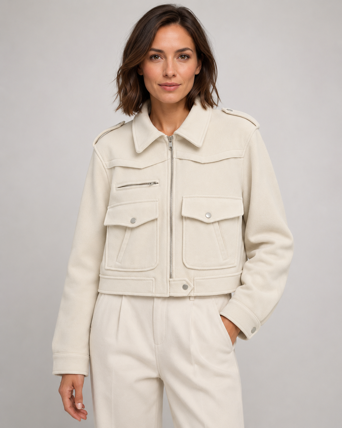Women's Cropped Suede Jacket with Snap Flap Pockets