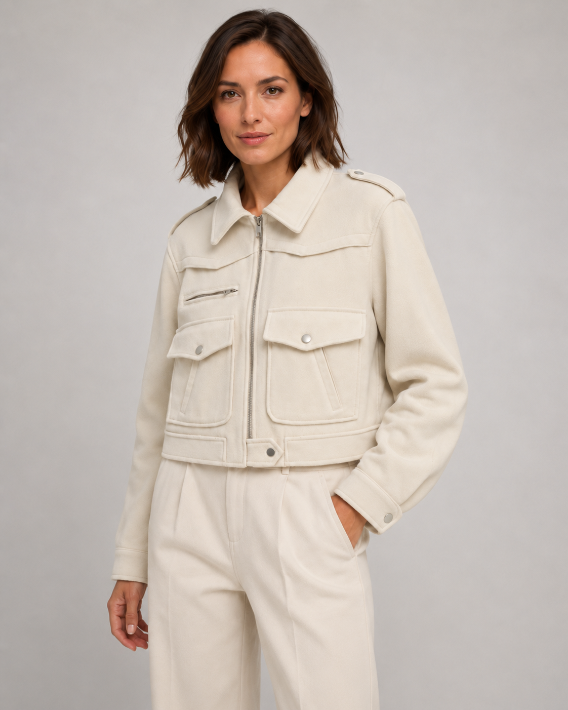 Women's Cropped Suede Jacket with Snap Flap Pockets