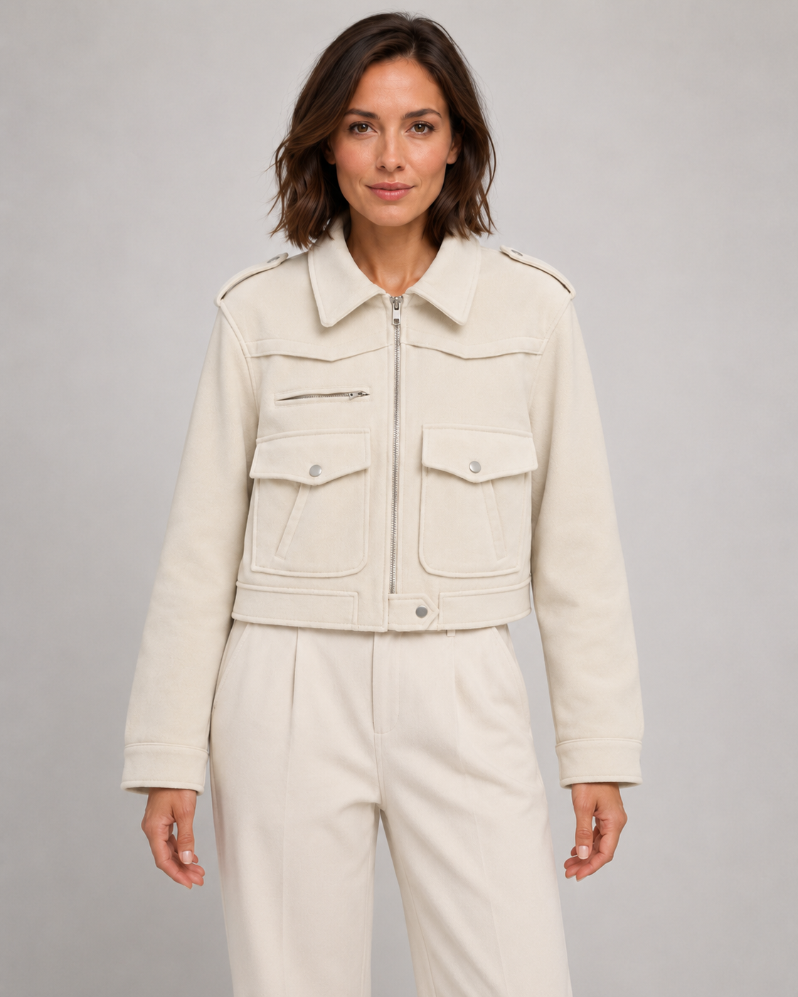 Women's Cropped Suede Jacket with Snap Flap Pockets