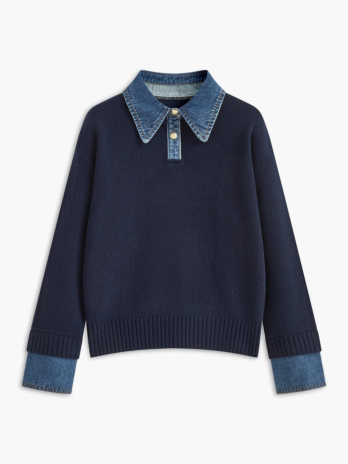 Denim Collar Button Placket Knit Polo Sweater