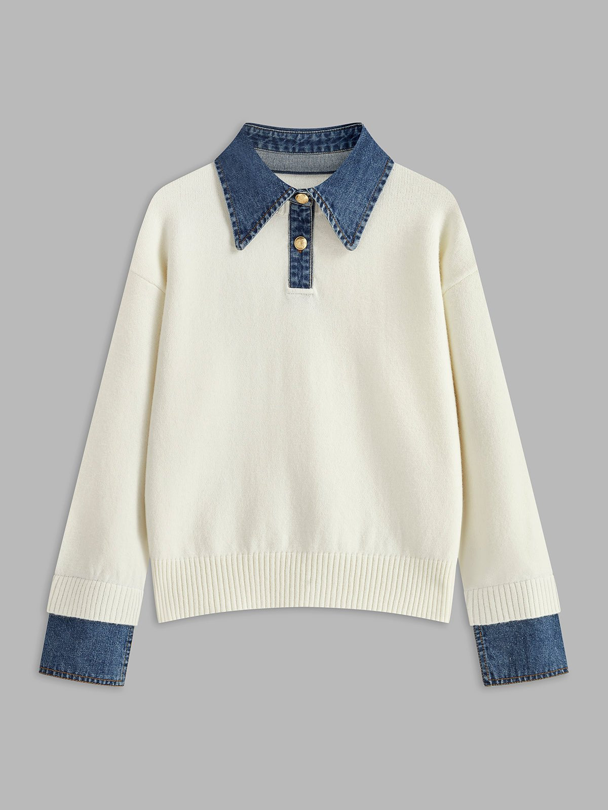 Denim Collar Button Placket Knit Polo Sweater