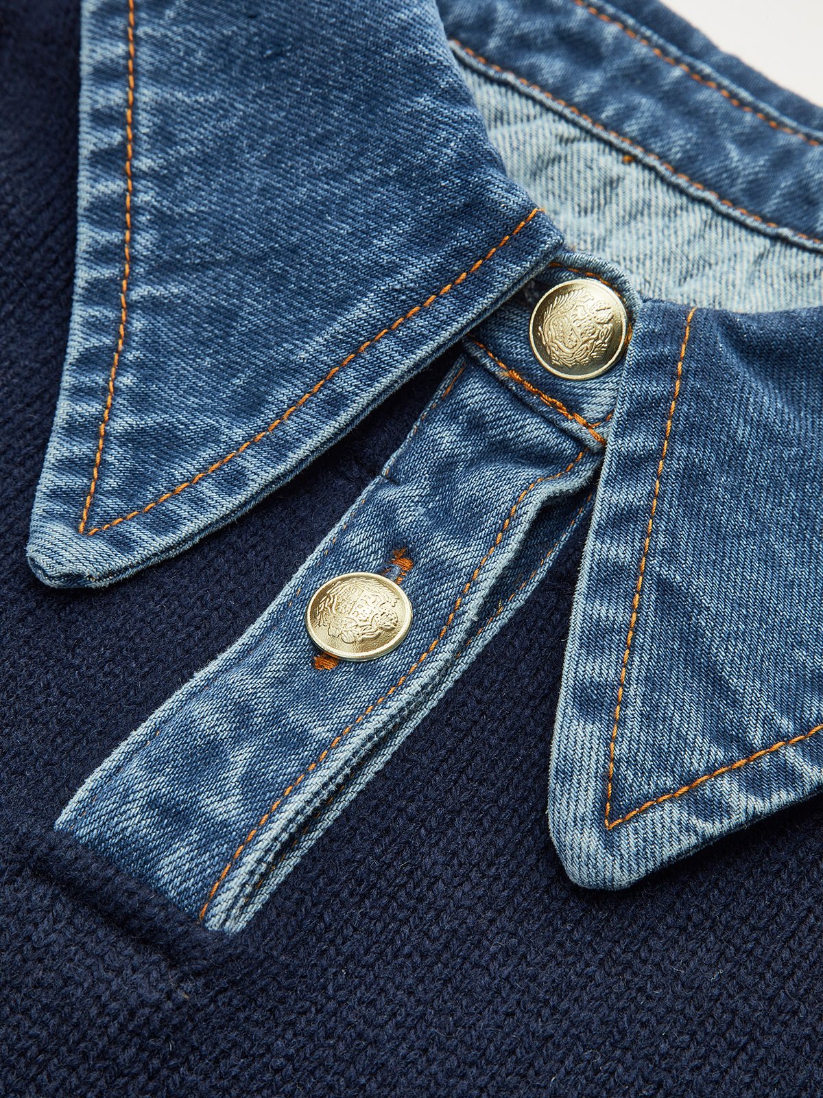 Denim Collar Button Placket Knit Polo Sweater
