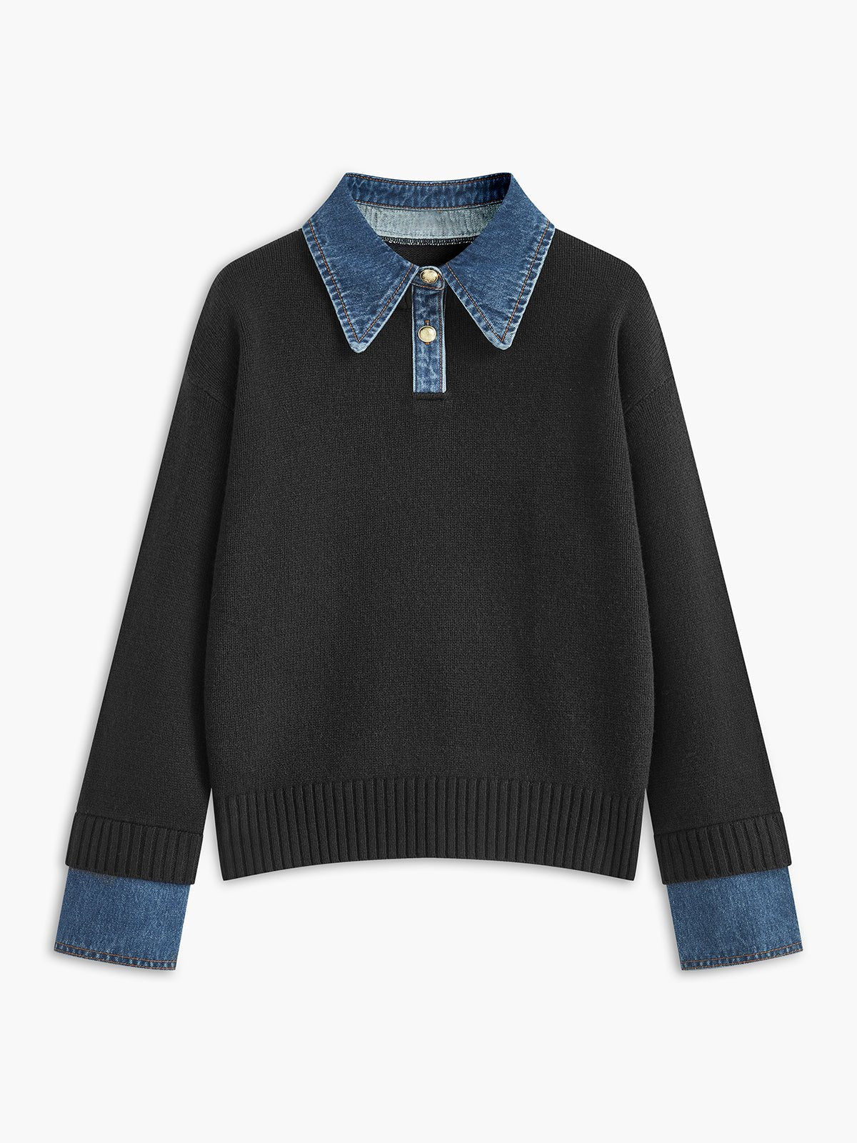 Denim Collar Button Placket Knit Polo Sweater